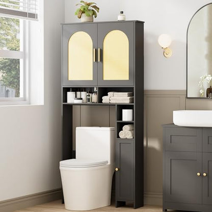 Homhedy Wooden Over The Toilet Storage Cabinet, Natural and Black