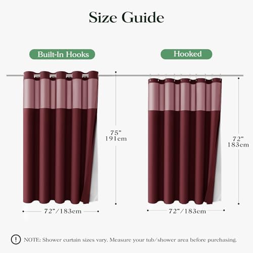 Dynamene Burgundy Hook Free Waffle Shower Curtain & Snap Fabric Liner,72x75
