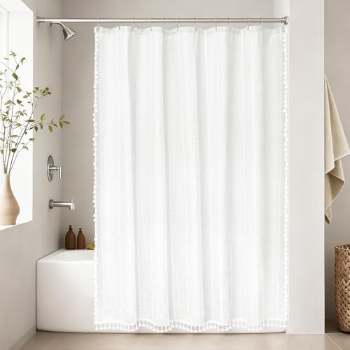 Seenus White Boho Fabric Shower Curtain with Tassels, Linen Textured French Country Shower Curtain Heavy Duty, 72 x 72 Inch Elegant Luxury Water Repellent Shower Curtains for Bathroom