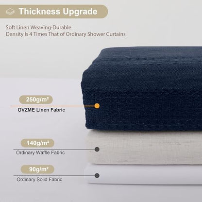 OVZME Navy Blue Shower Curtain for Bathroom, Boho Linen Textured Shower Curtain with Tassel, Rustic Striped Heavy Duty Vintage Country Bathroom Curtain, 72Wx72L Inches