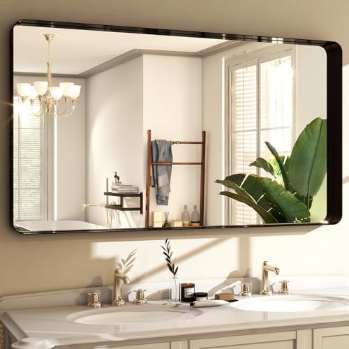 Easly 48"x30" Black Bathroom Mirror - Modern Black Mirror for Wall with Rounded Corners, Bathroom Mirrors for Vanity, Aluminum Alloy Framed Mirror Portrait or Landscape Hang