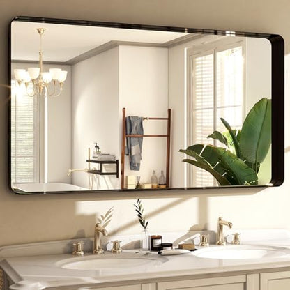 Easly 48"x30" Black Bathroom Mirror - Modern Black Mirror for Wall with Rounded Corners, Bathroom Mirrors for Vanity, Aluminum Alloy Framed Mirror Portrait or Landscape Hang