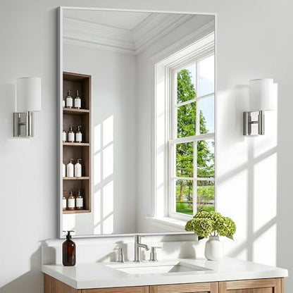 BONEWEI Silver Bathroom Mirror,30x42 inch Wall Mirror for Bathroom Wall Mounted,Rectangle Mirror for Bathroom Over Sink,Modern Metal Frame for Living Room,Bedroom Entryway,Horizontal/Vertical
