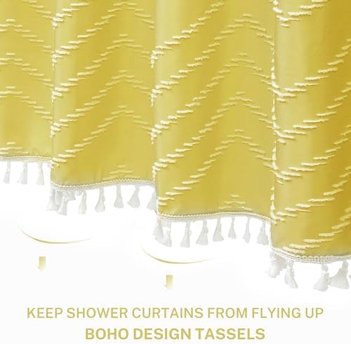 Yellow Boho Shower Curtain with White Tassel - 72 x 72 Modern Farmhouse Textured Tufted Chevron Striped Minimalist Bathroom Shower Curtain