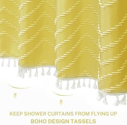 Yellow Boho Shower Curtain with White Tassel - 72 x 72 Modern Farmhouse Textured Tufted Chevron Striped Minimalist Bathroom Shower Curtain