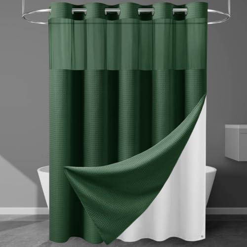 Heavyweight Waffle No Hook Shower Curtain with Liner, 71x74, Dark Green