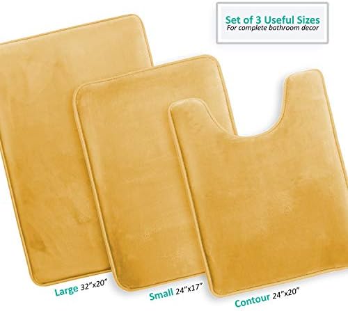 Clara Clark Bathroom Rug Set, 3 Piece Velvet Memory Foam Bath Mats with Non-Slip PVC Backing, Gold