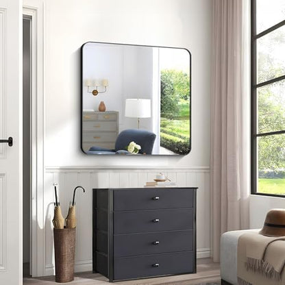 Black Bathroom Mirrors for Wall, 30"x30" Square Mirror, Rounded Corner Metal Frame Wall Mirror, Bathroom Vanity Mirror for Bedroom Living Room Entryway Horizontal Or Vertical Mounting