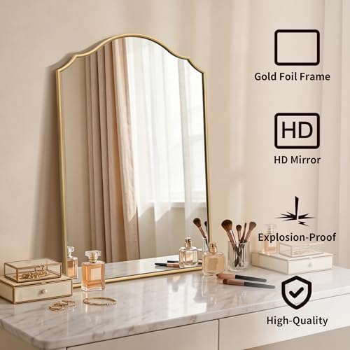 Besdomus Bathroom Mirrors for Over Sink: 24"x36" Gold Wooden Arched Mirror