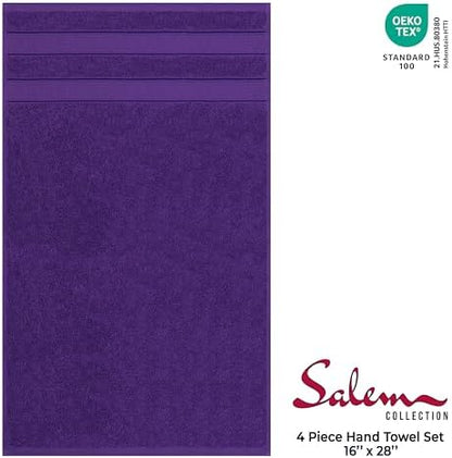 American Soft Linen Salem 100% Cotton Turkish 4 Piece Hand Towels for Bathroom, 600 GSM Soft Absorbent Quickdry Hand Face Towel Set, Purple