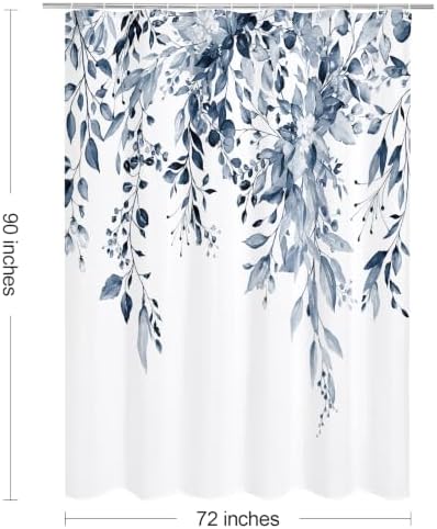 Gibelle Navy Eucalyptus Shower Curtain, Watercolor Floral Print, 72x90