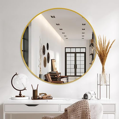 Delma 30 Inch Gold Round Circle Mirror for Bathroom Wall, Metal Frame