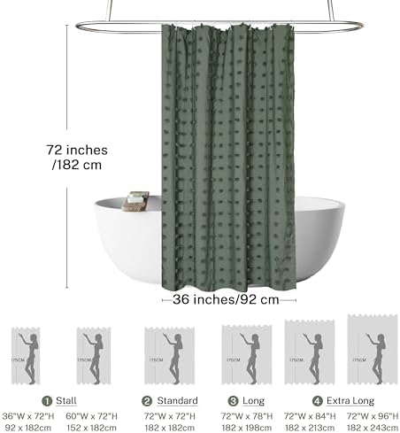 Siiluminisoy Small Stall Green Boho Shower Curtain Woven Fabric Cute Shower Curtain, 36 x 72 Tufted Pleat Floral Textured Modern Farmhouse Minimalist Shower Curtain Set with Hooks for Bathroom