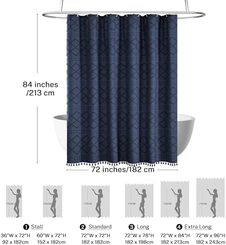 Siiluminisoy Extra Long Boho Farmhouse Shower Curtain Woven Fabric Navy Blue 84 Inch Curtain, 72 x Tufted Chevron Textured Striped Modern Minimalist Cloth Set with Hooks for Bathroom