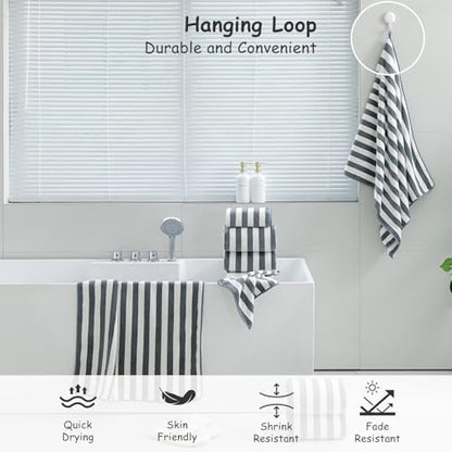 2 Piece Gray Cabana Stripe Hand Towels for Bathroom 16"x31" Ultra Soft Breathable Hand Face Towels Highly Absorbent Towel Quick Dry Towel for Spa Gym Hotel Travel Camp