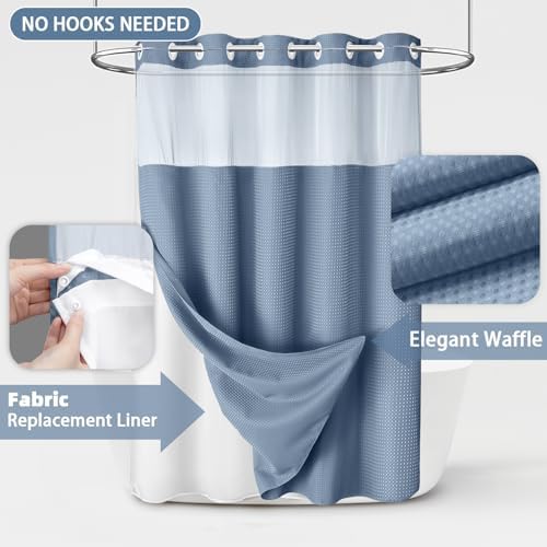 No Hook Shower Curtain with Liner Set Hotel Waffle Sky Blue 72W X 75L