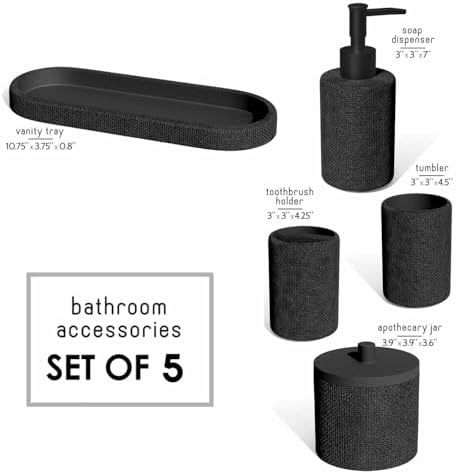 Clara Clark Bathroom Set - Black Bathroom Accessories Set, 5PC Bathroom Accessory Set, Bathroom Sets with Soap Dispenser, Toothbrush Holder, Tumbler, Cotton Swab Jar & Vanity Tray