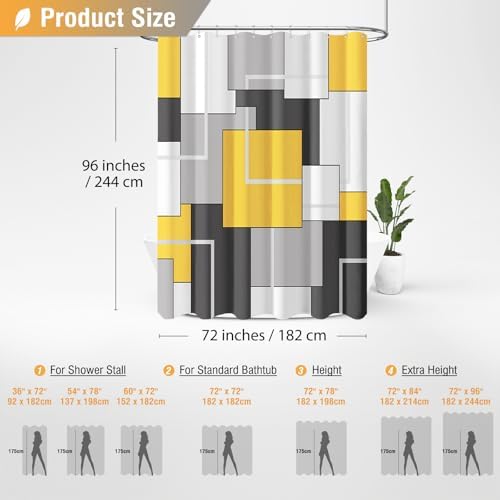 BTTN 72 x 96 Long Modern Geometric Waterproof Fabric Shower Curtain, Yellow