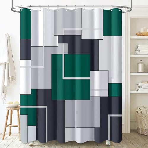 BTTN 36x72 Half Modern Geometric Waterproof Shower Curtain, Emerald Green