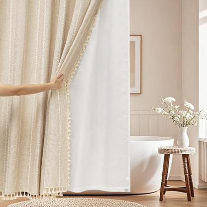 Seenus Boho Farmhouse Shower Curtain and Fabric Liner Set, Heavyweight Linen Textured Fabric Shower Curtain Beige with Tassels, 2 in 1 Waterproof Fabric Shower Curtain Set for Bathroom, 72x72 Inch