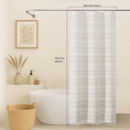OVZME Linen Boho Stall Shower Curtain, Narrow Soft Fabric Striped Textured Bathroom Shower Curtain with Tassel, Modern Farmhouse Machine Washable Bath Decor, Linen, 36Wx72L Inches