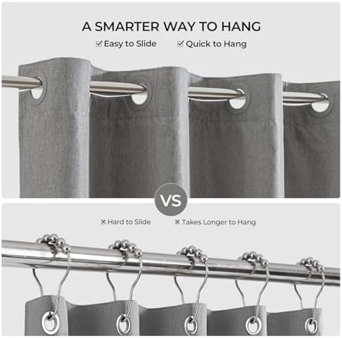 River Dream Linen Textured No Hooks Shower Curtain with Liner,Grey,71x74