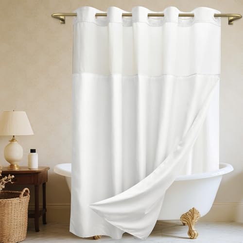 WONICY No Hook Linen Look Shower Curtain with Snap-in Liner, White, 71 x 86
