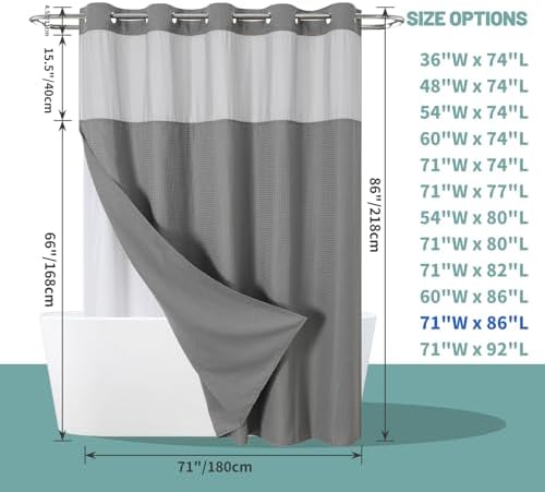 eachope No Hook Long Waffle Shower Curtain, Snap-in Liner, 71x86 in, Grey