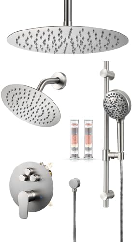 Woindo Shower Faucet Set with Slide Bar, 12" Rain Shower Head/8'' Side Shower Head and 10 Setting Handheld Ceiling Mount 3 Push Button Diverter Complete Rainfall Shower System Included Valve Trim Kit