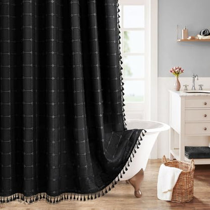 Boho Farmhouse Classic Plaid Linen Tassel Shower Curtain Black,72x78