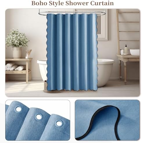BTTN MoonlightBlue Boho Scalloped Linen Textured Shower Curtain Set, 72x72