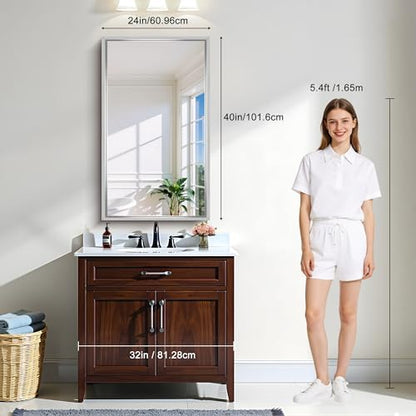 CIRCUMI 24"x40" Brushed Silver Bathroom Mirror, Rectangular Vanity Mirror