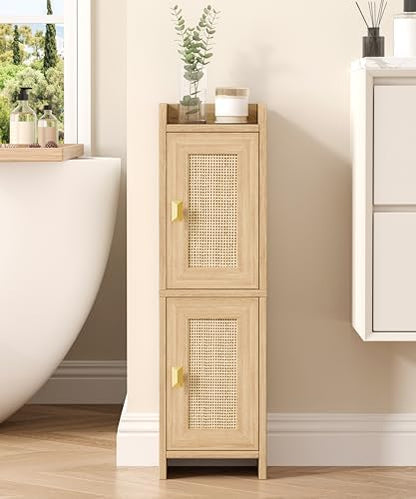 Akxomel Rattan Small Bathroom Cabinet Narrow Toilet Paper Organizer Oak