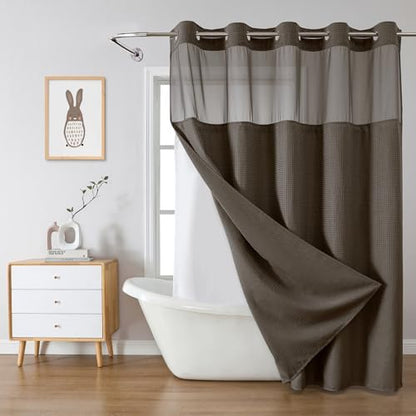 eachope No Hook Long Waffle Shower Curtain, Snap-in Liner, 71x86 in, Brown