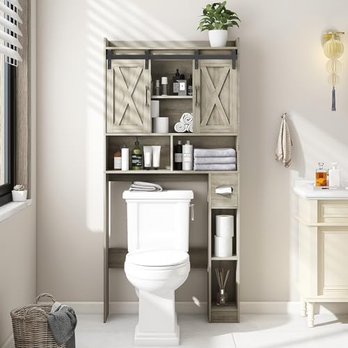 Vabches Over The Toilet Storage Cabinet with Sliding Doors, Grey