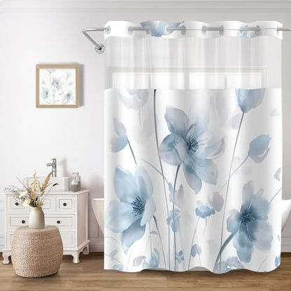 No Hook Shower Curtain and Liner Set, Blue Boho Floral 71x74