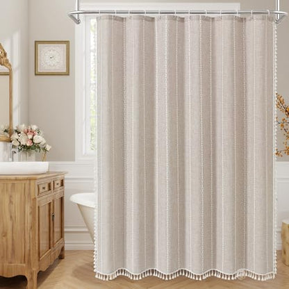 Boho Farmhouse Tassel Linen Shower Curtain,3D Embroidery Stripe Taupe,72x96