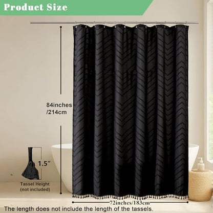 OWENIE Extra Long Black Boho Shower Curtain, Chic Tufted Chevron Striped Textured Fabric Cloth Shower Curtains with Tassel for Bathroom, Soft Hotel Style Farmhouse, Machine Washable, 72x84