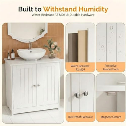 Bonnlo Pedestal Sink Storage Cabinet with 2 Doors Traditional Under Sink Cabinet Bathroom Space Saver Organizer with Adjustable Shelf White 23 5/8" W x 11 7/16" D x 23 5/8" H