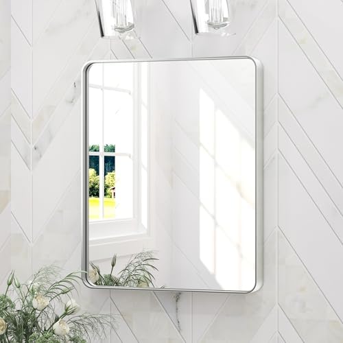 Keonjinn 16 x 20 Inch Brushed Nickel Bathroom Mirror, Tempered Glass