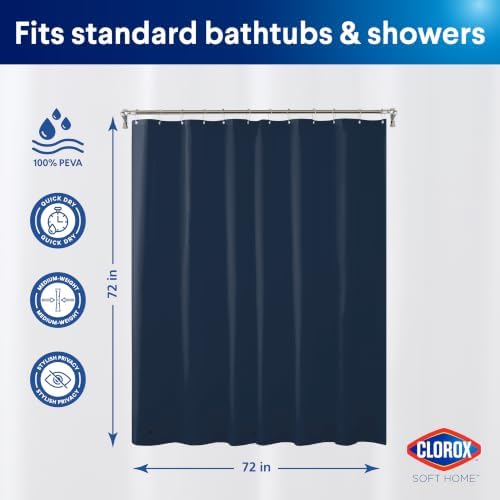 Clorox Shower Curtain Liner, Premium Colored Medium-Weight Durable Waterproof 6g PEVA for Bathroom with Weighted Magnets, Standard Size 72" x 72", Blue