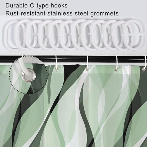Green Striped Shower Curtain with Hooks for Bathroom 72x84 Inch