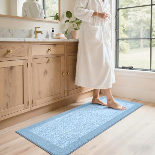 48x17 Bathroom Rugs Non Slip Washable, Soft Absorbent Bath Mat Light Blue