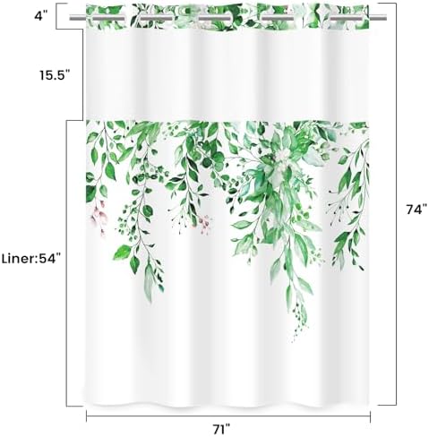 WITHLOC No Hook Shower Curtain with Liner, Eucalyptus Dark Green, 71x74