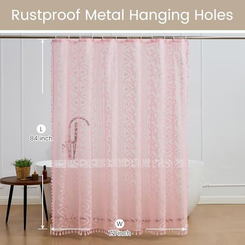 WAZZIO Pink Lace Shower Curtain - Vintage Pretty Pastel Girl Floral Shower Curtain Girly, Cute Coquette Tassel Princess Bath Curtains for Bathroom, 72 x 84 Inch, 1 Panel