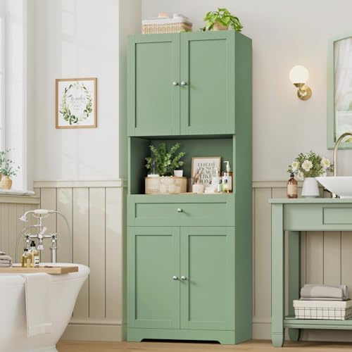 HIFIT Tall Bathroom Storage Cabinet with Drawer, Modern Linen Cabinet,Green