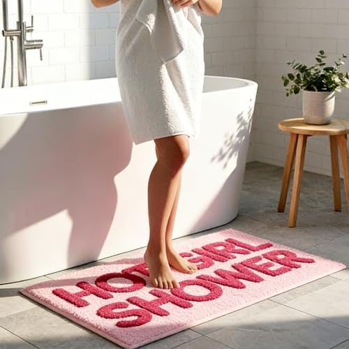 Hot Girl Shower Pink Bath Mat, Cute Tufted Bathroom Rug 30''x20''