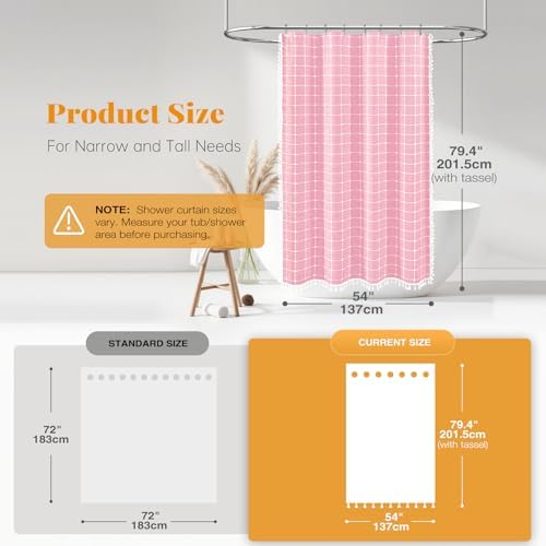 BTTN 54x78 Boho Farmhouse Linen Heavy Duty Fabric Shower Curtain Set, Pink