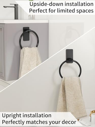 STWWO Black Hand Towel Holder for Bathroom, Adhesive Towel Rings, 2 Pack