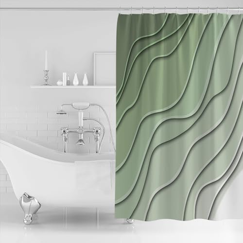 Shower Curtain Bathroom Set Gradient Sage Green Ocean Wave Line Waterproof Shower Curtains with Grommets Hooks Simple Striped Privacy Bath Curtain for Bathtub Decor 36x72in